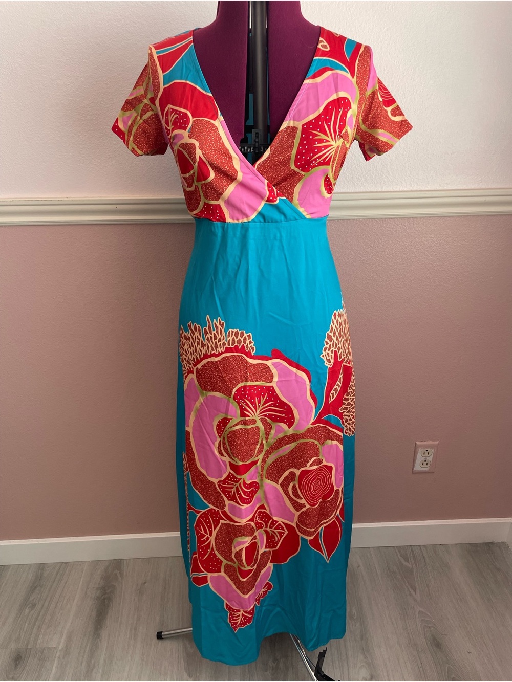 Turquoise Floral V-Neck Maxi Dress with Pink and Red Accents